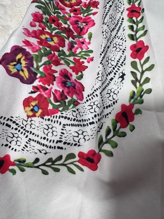 White Floral Embroidered Print Peasant Blouse with Pink & Red Flowers - Picture 3 of 3